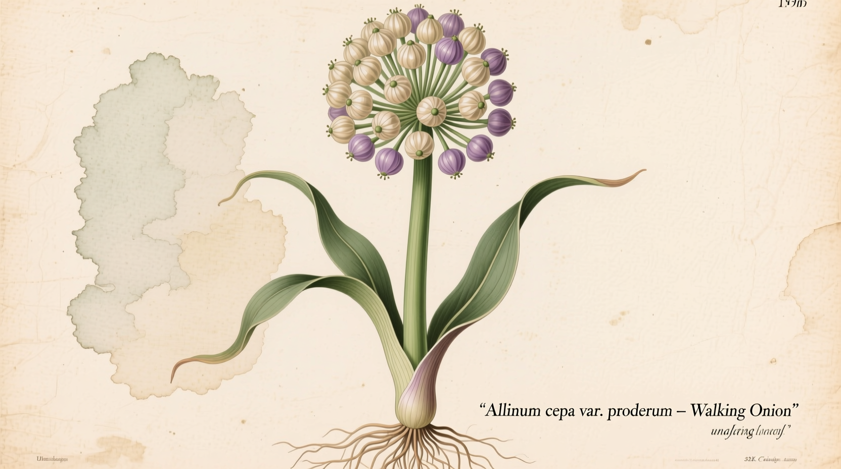 Walking onion plant with bulblets forming at the top of the stalk