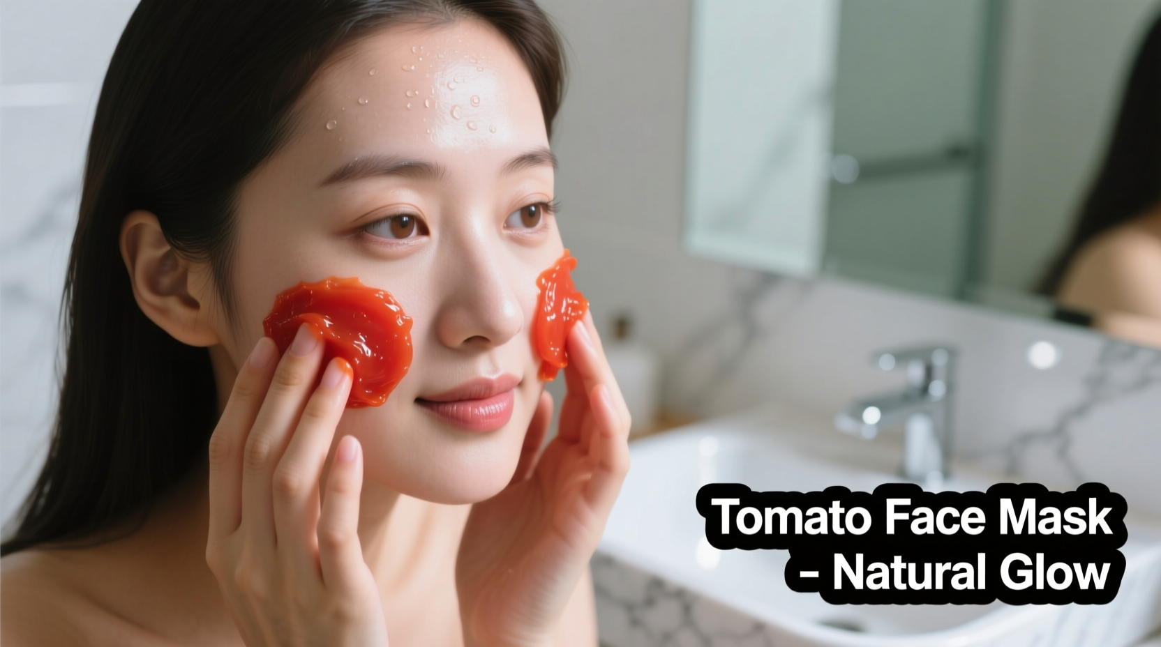 Woman applying tomato pulp to face in circular motions