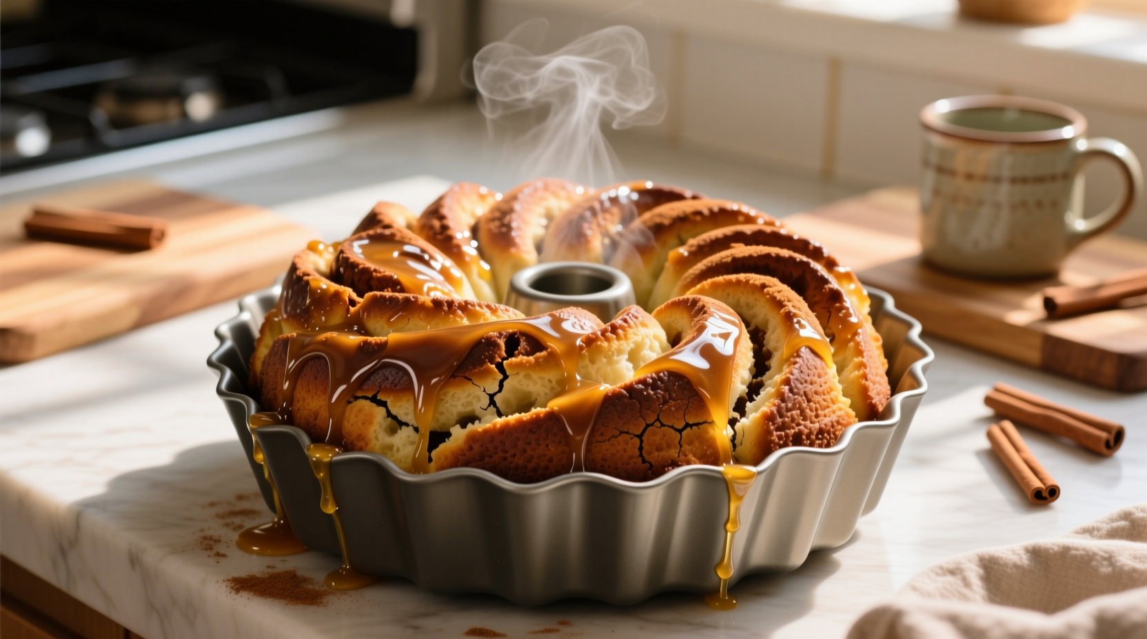 Freshly baked homemade monkey bread in bundt pan