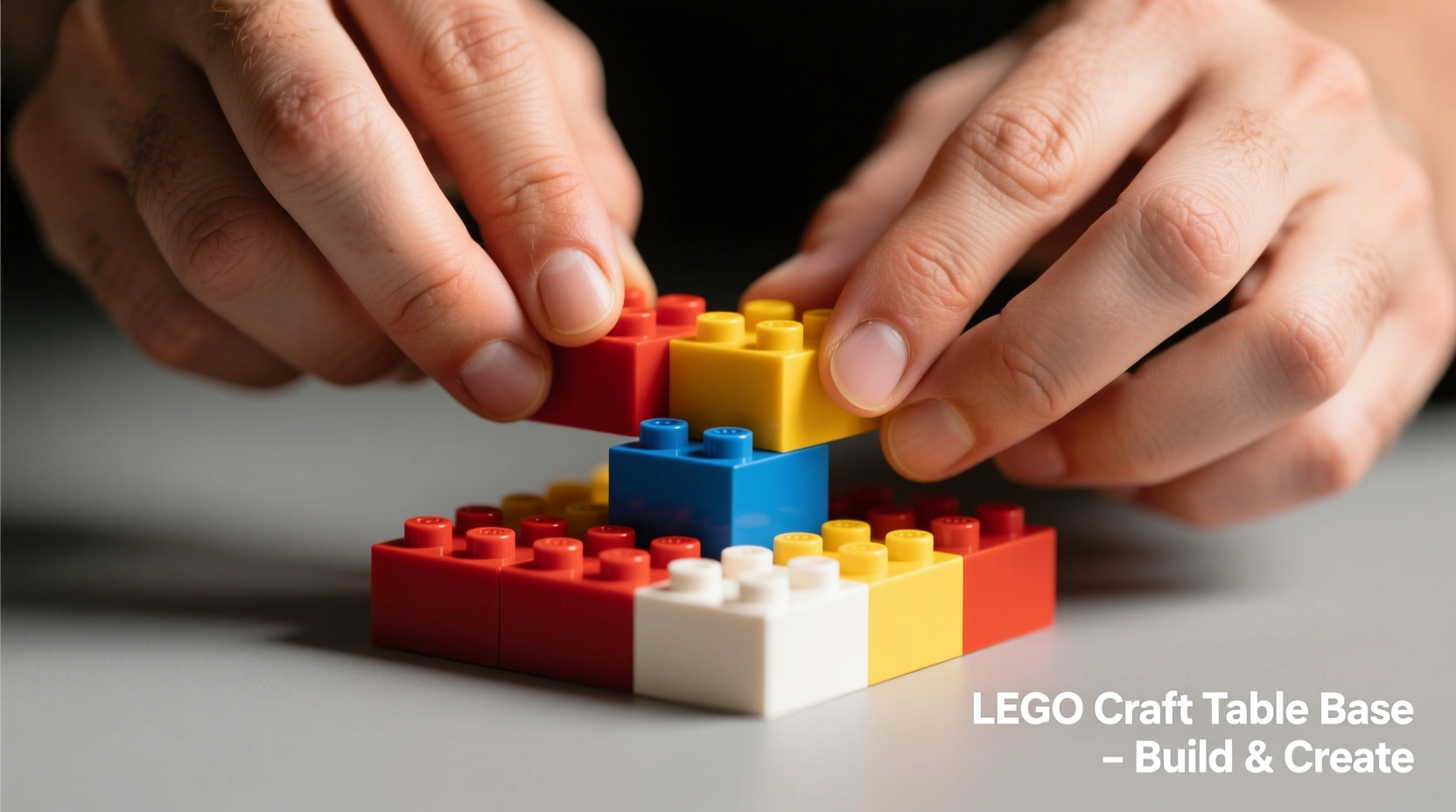 Close-up of hands assembling LEGO crafting table base