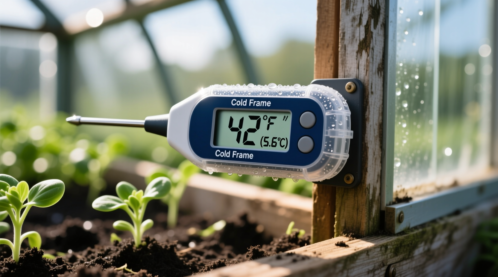 Thermometer showing cold frame temperature management