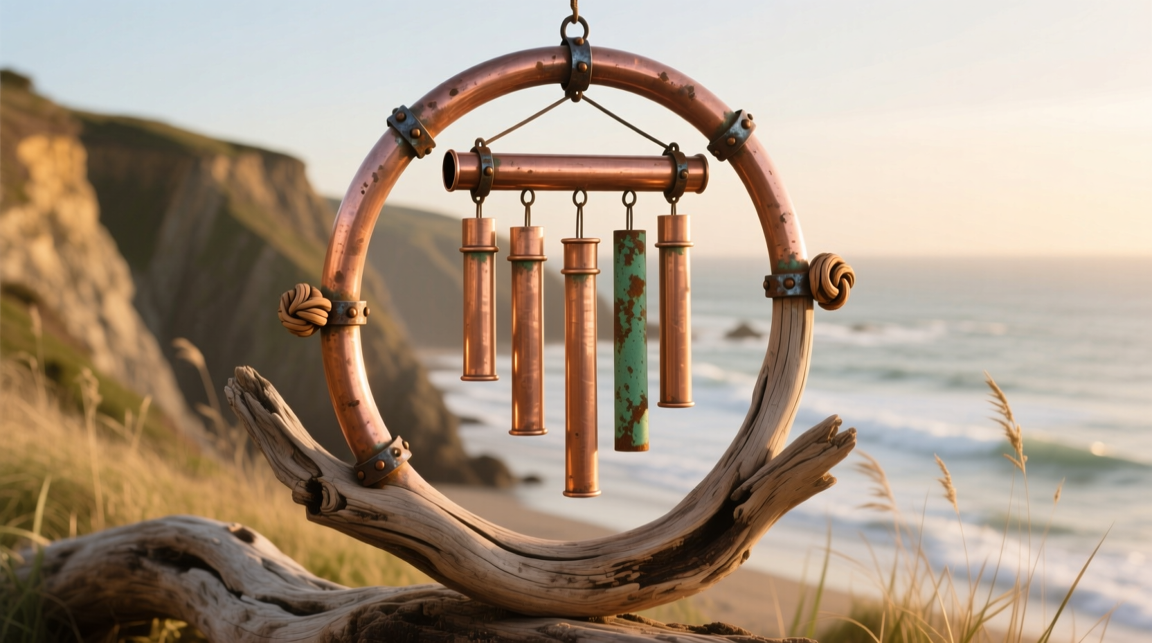 Handmade wind chime crafted from recycled copper pipes and driftwood