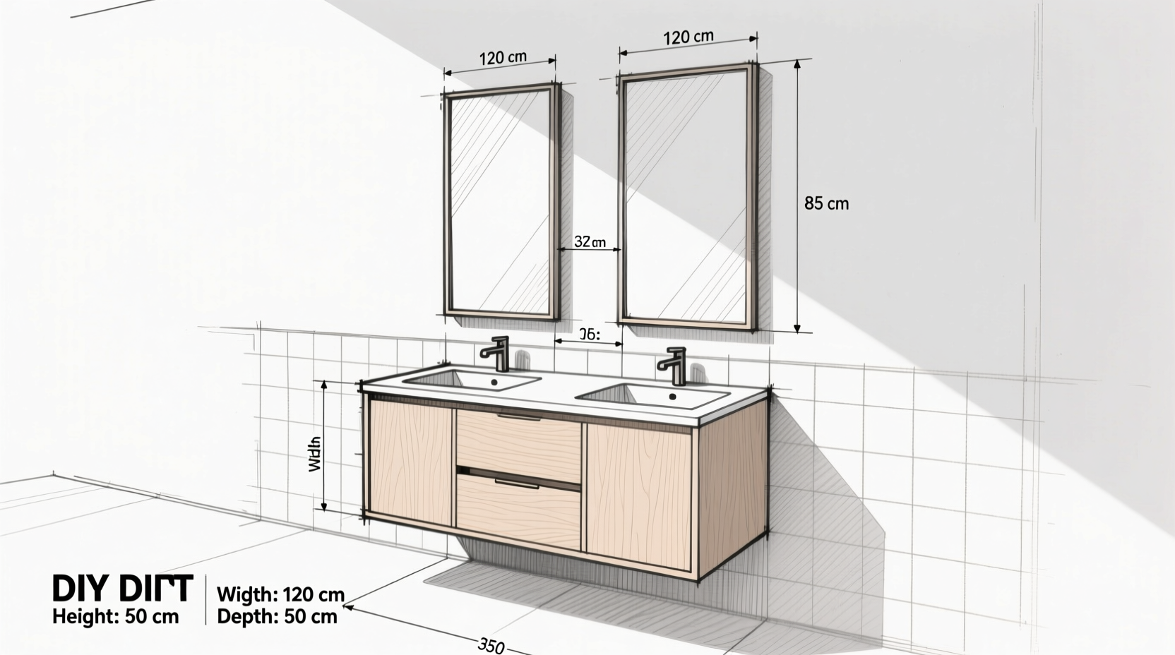 DIY vanity planning sketch with measurements