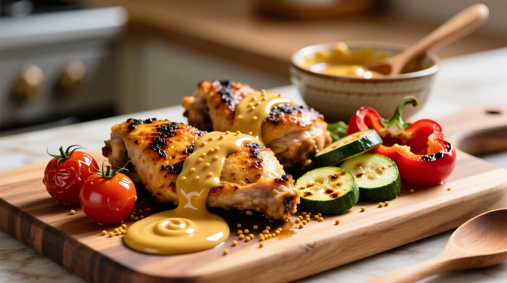Homemade honey mustard sauce drizzled over grilled chicken and vegetables