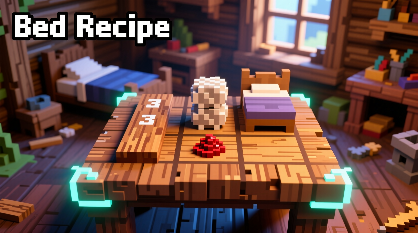 Minecraft crafting table with bed recipe layout