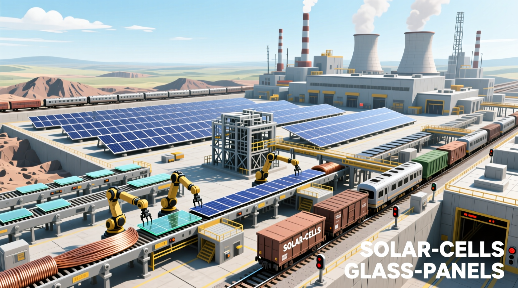 Factorio large-scale solar panel production blueprint with train logistics