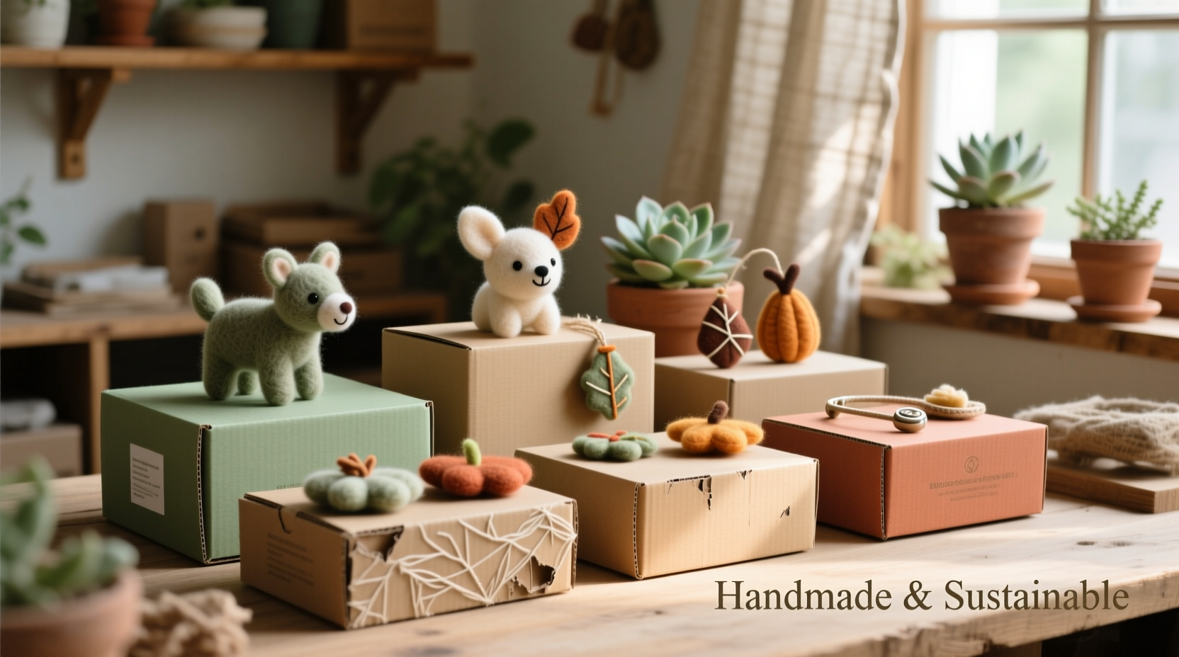 Eco-friendly felt crafts displayed on recycled cardboard packaging