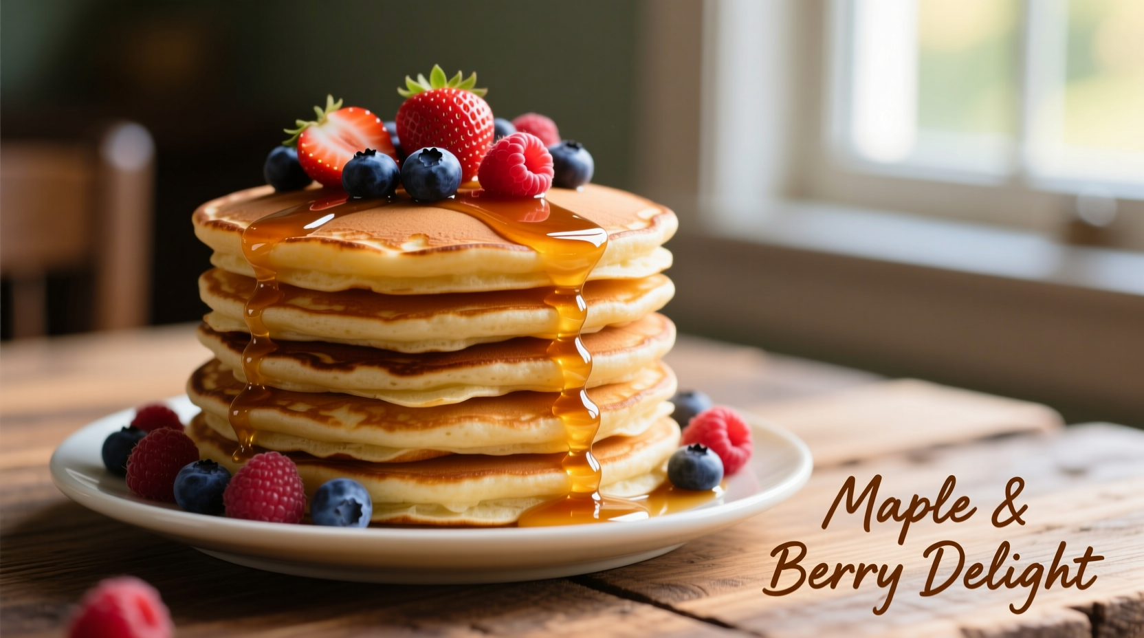 Stack of fluffy pancakes with maple syrup and berries
