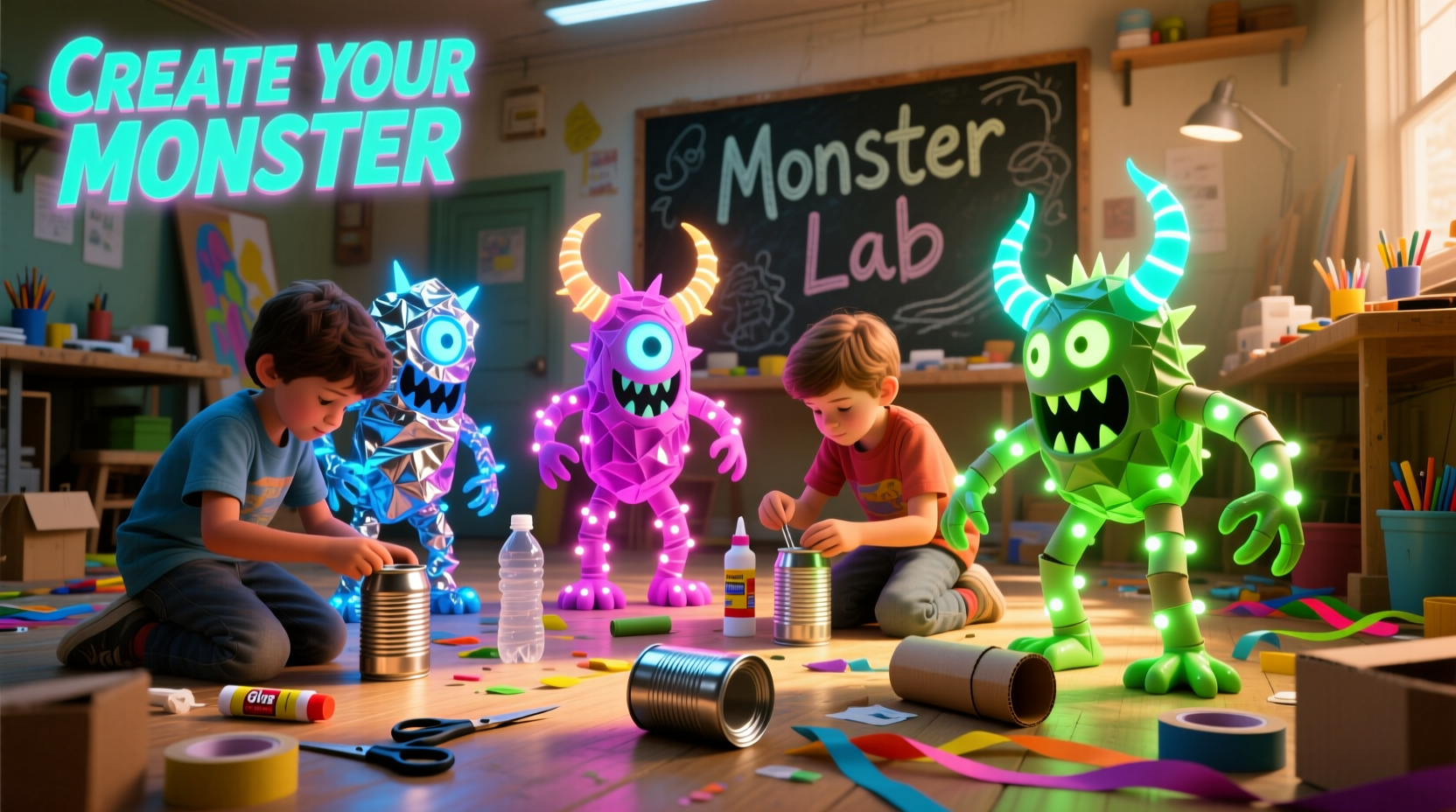 Children crafting glowing monster sculptures with recycled containers and LED lights