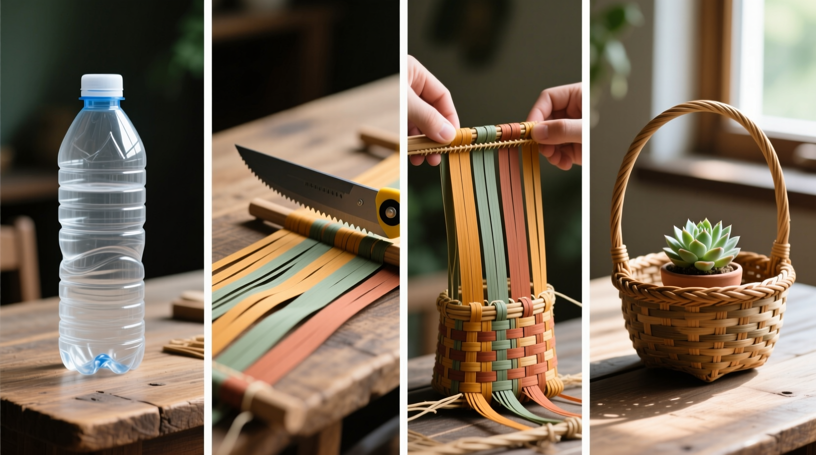 Step-by-step transformation of plastic bottle into woven basket