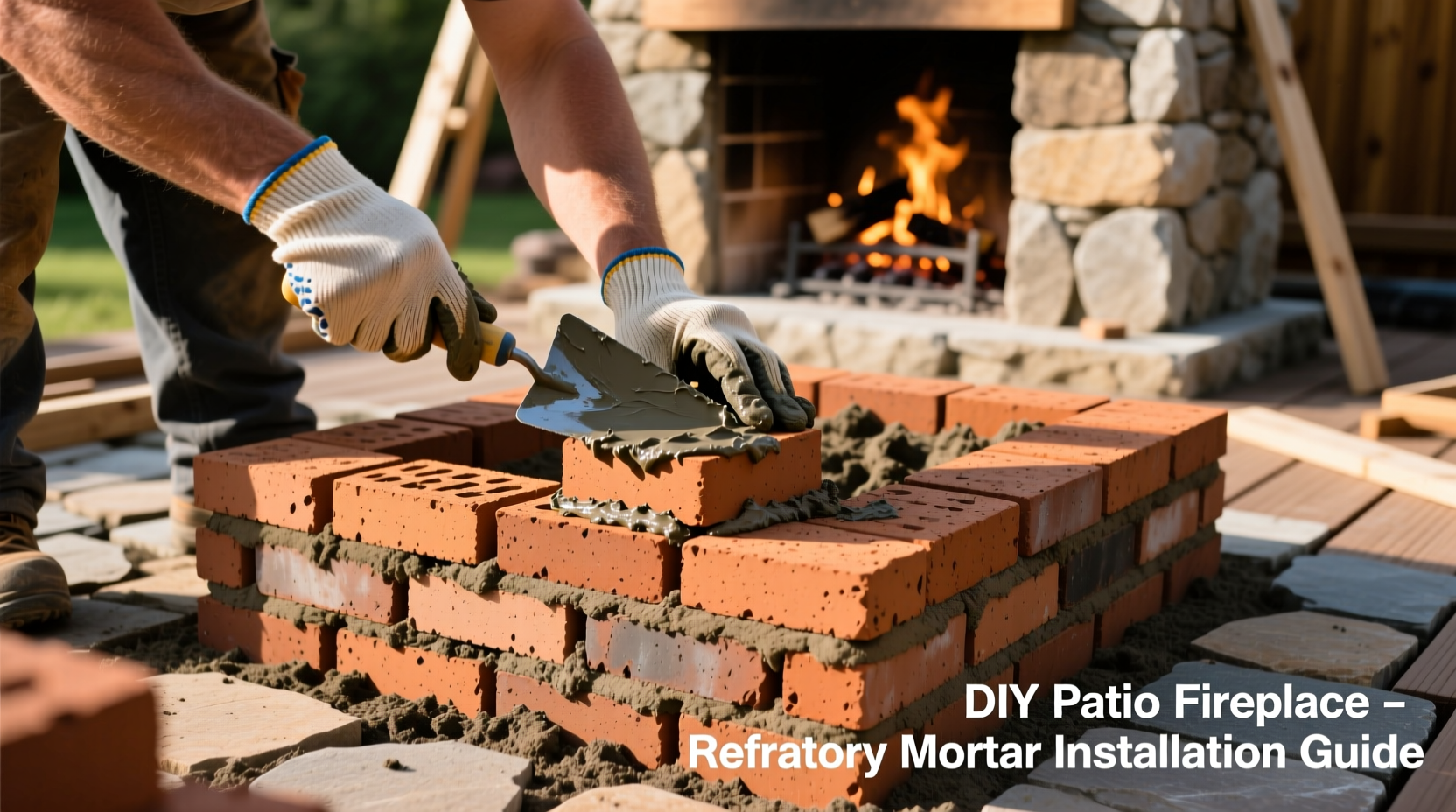DIY patio fireplace firebrick installation with refractory mortar