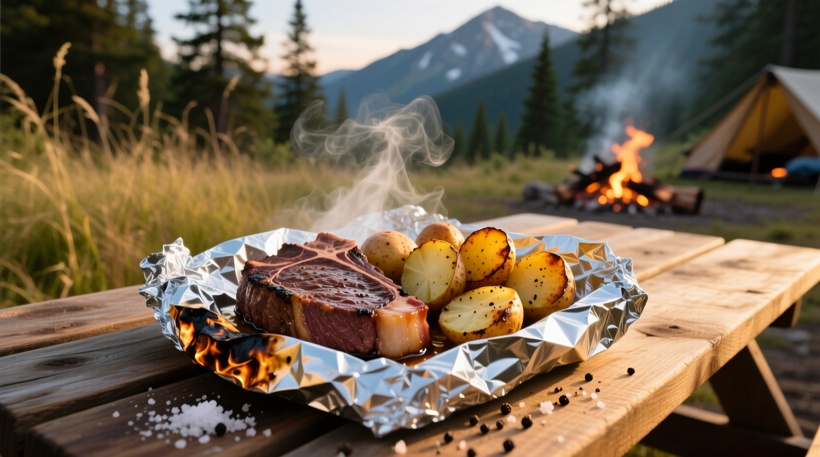 Steak and potato foil pack fresh from the grill
