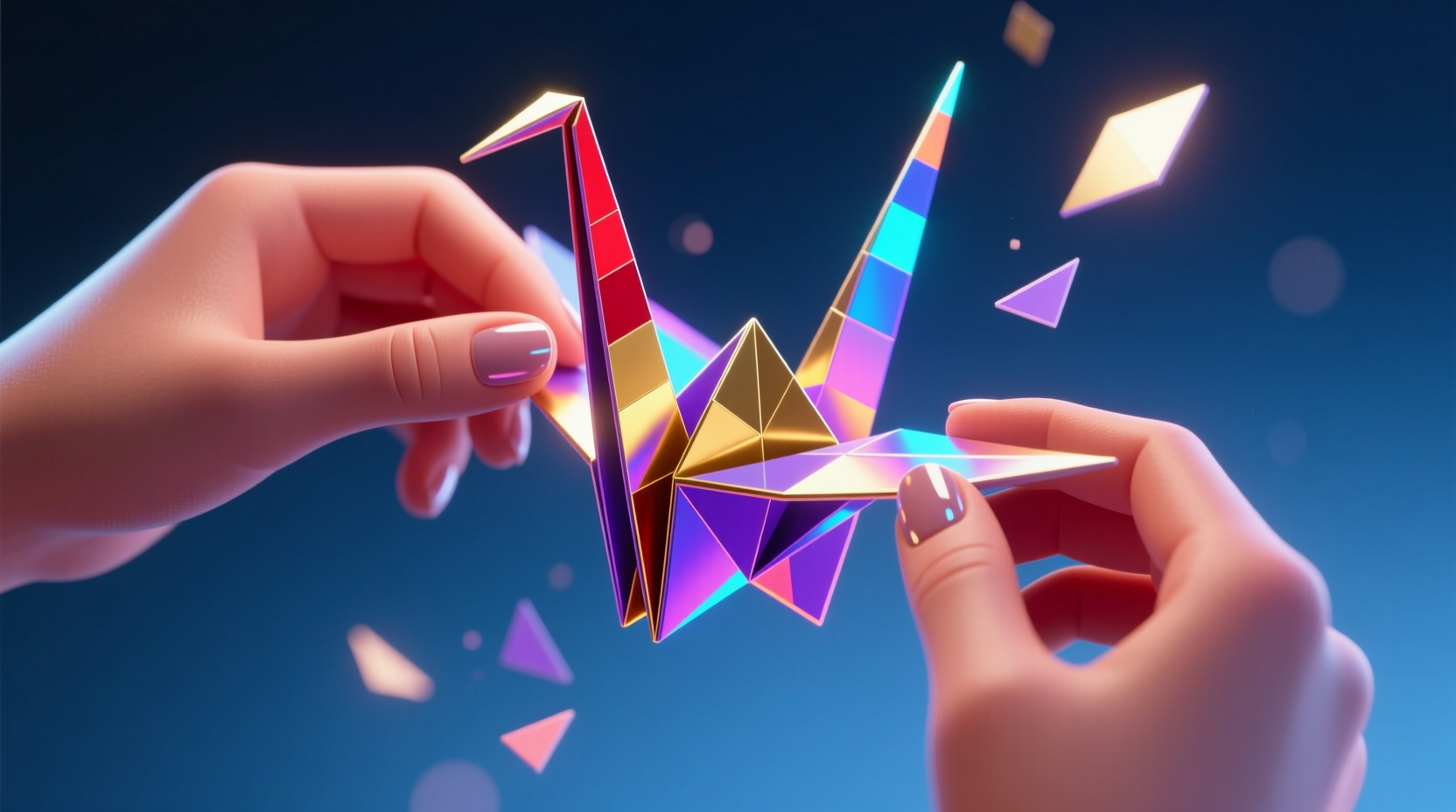 Hands folding colorful paper pixels for 3D art model