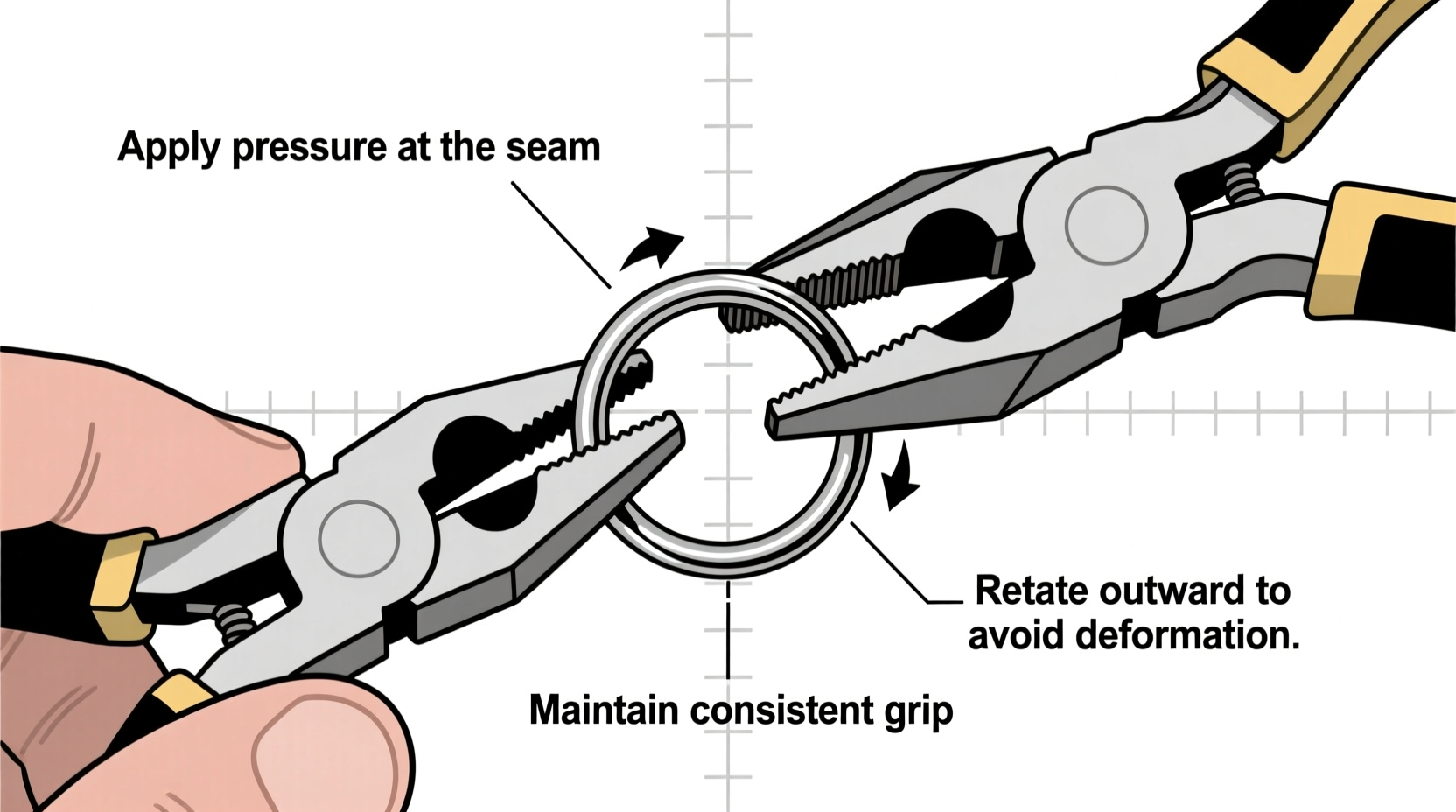 Diagram showing proper jump ring opening technique with pliers