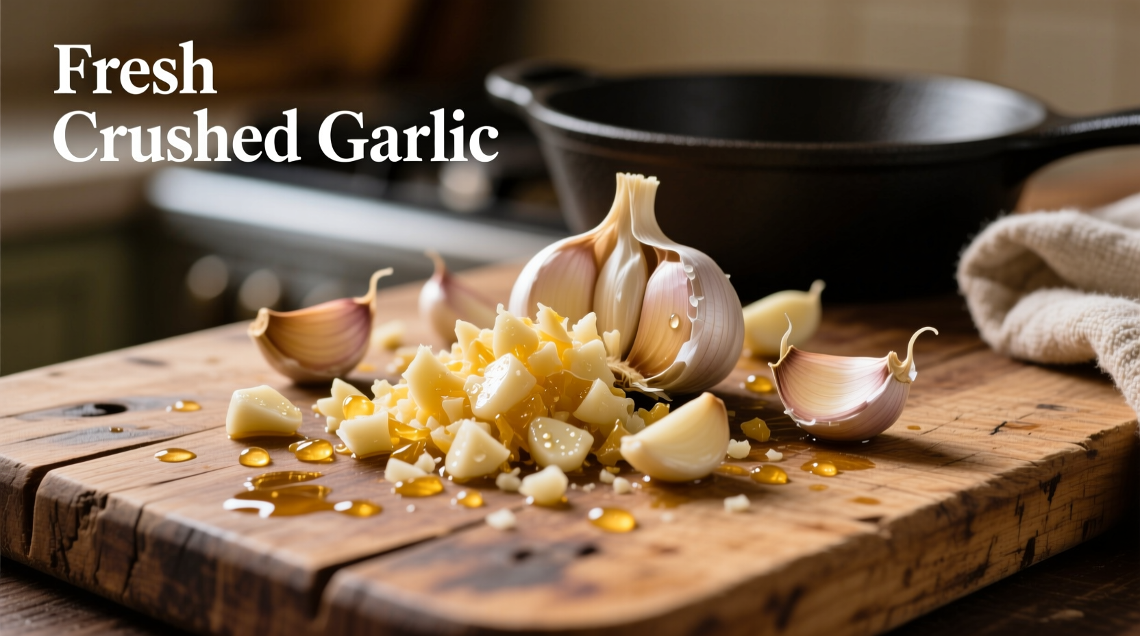 Fresh crushed garlic on wooden cutting board