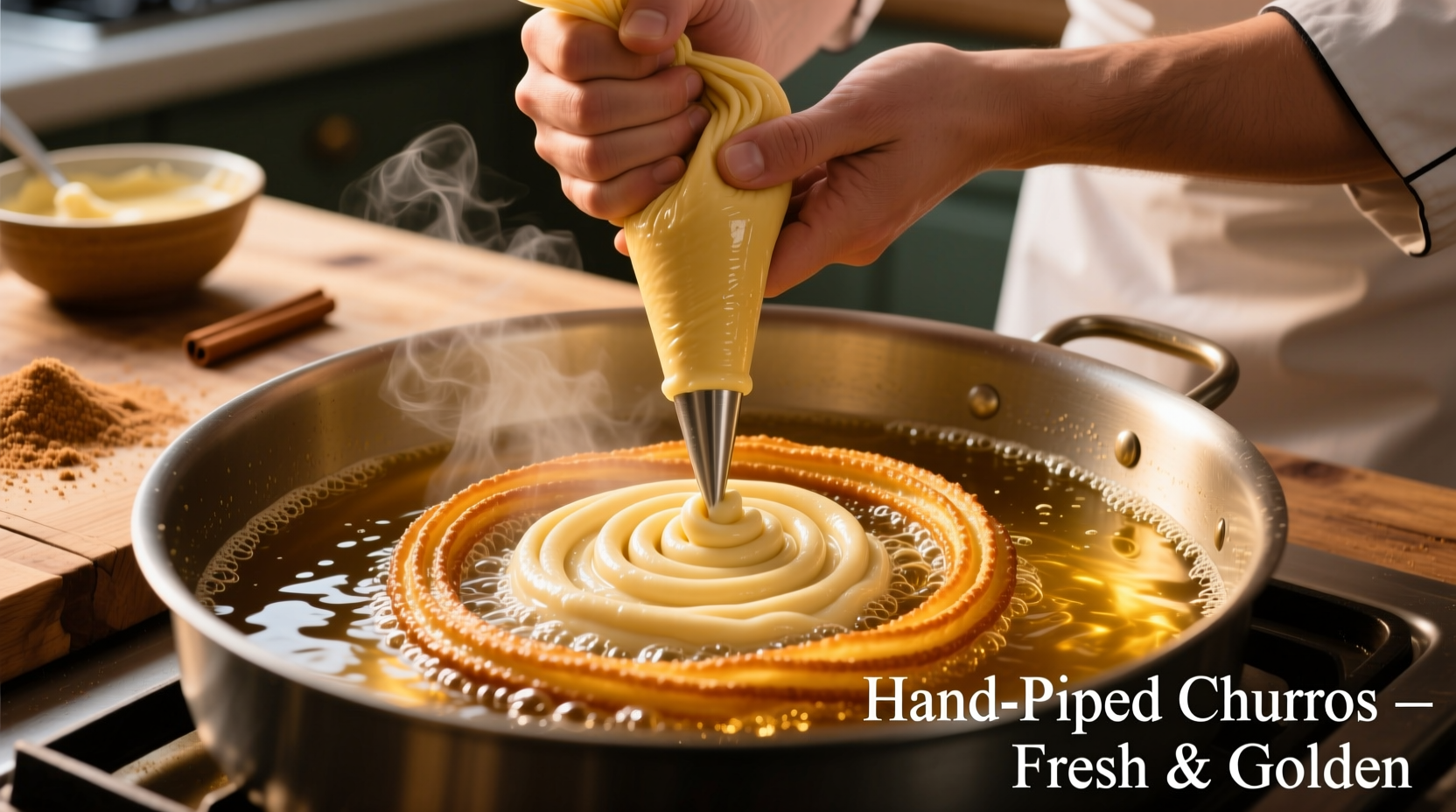 Hand piping churro dough into shimmering hot oil