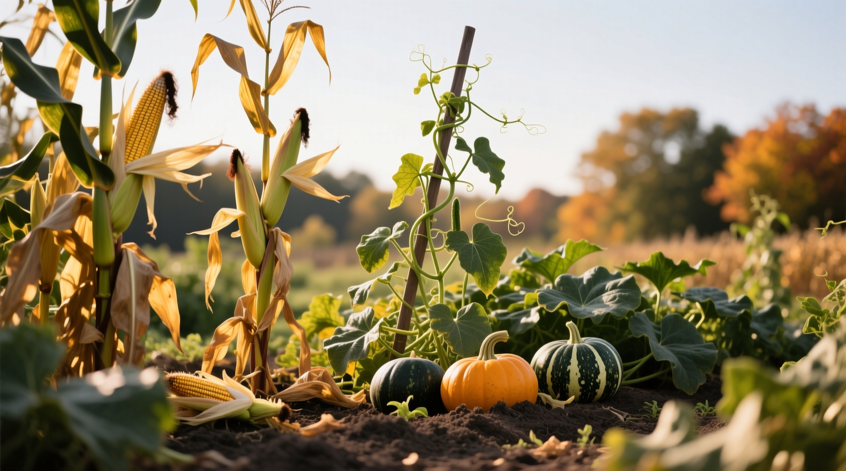 fall Three Sisters garden showing corn stalks supporting beans with squash mulch suppressing weeds in harvest season