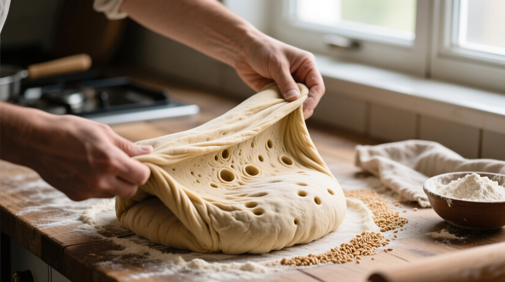 Stretch and fold technique for whole wheat dough