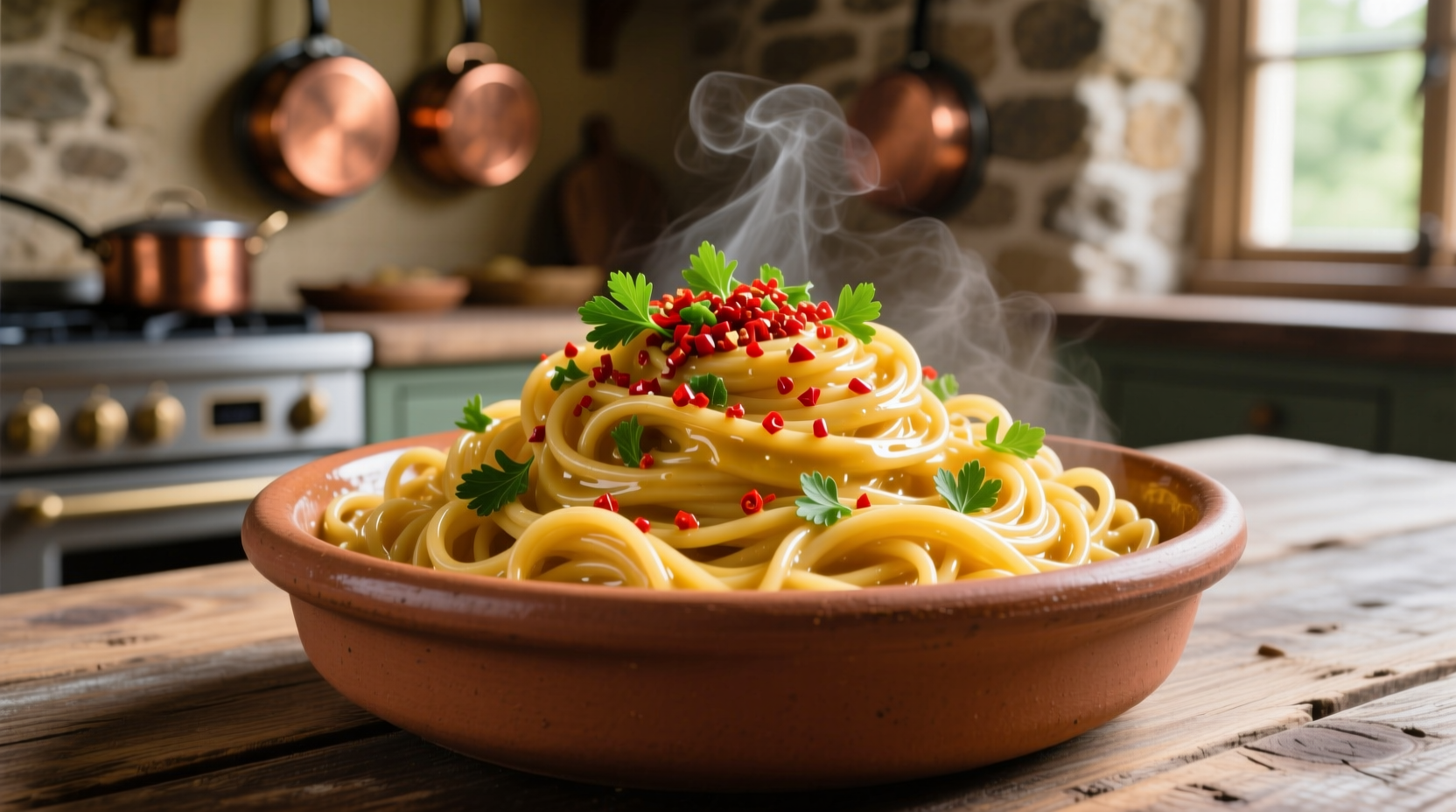 Golden spaghetti with garlic and red pepper flakes