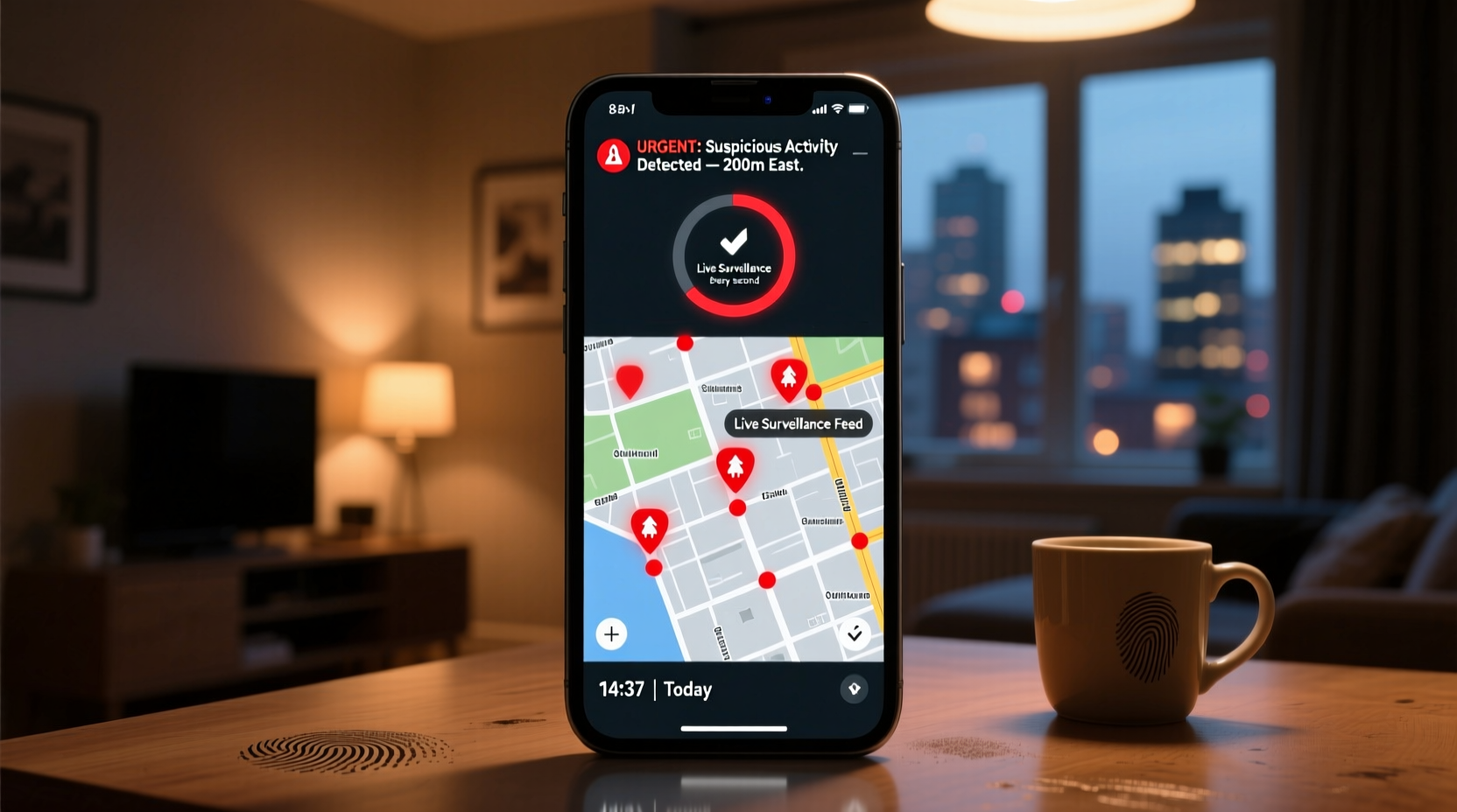Smartphone showing neighborhood security alert system in action
