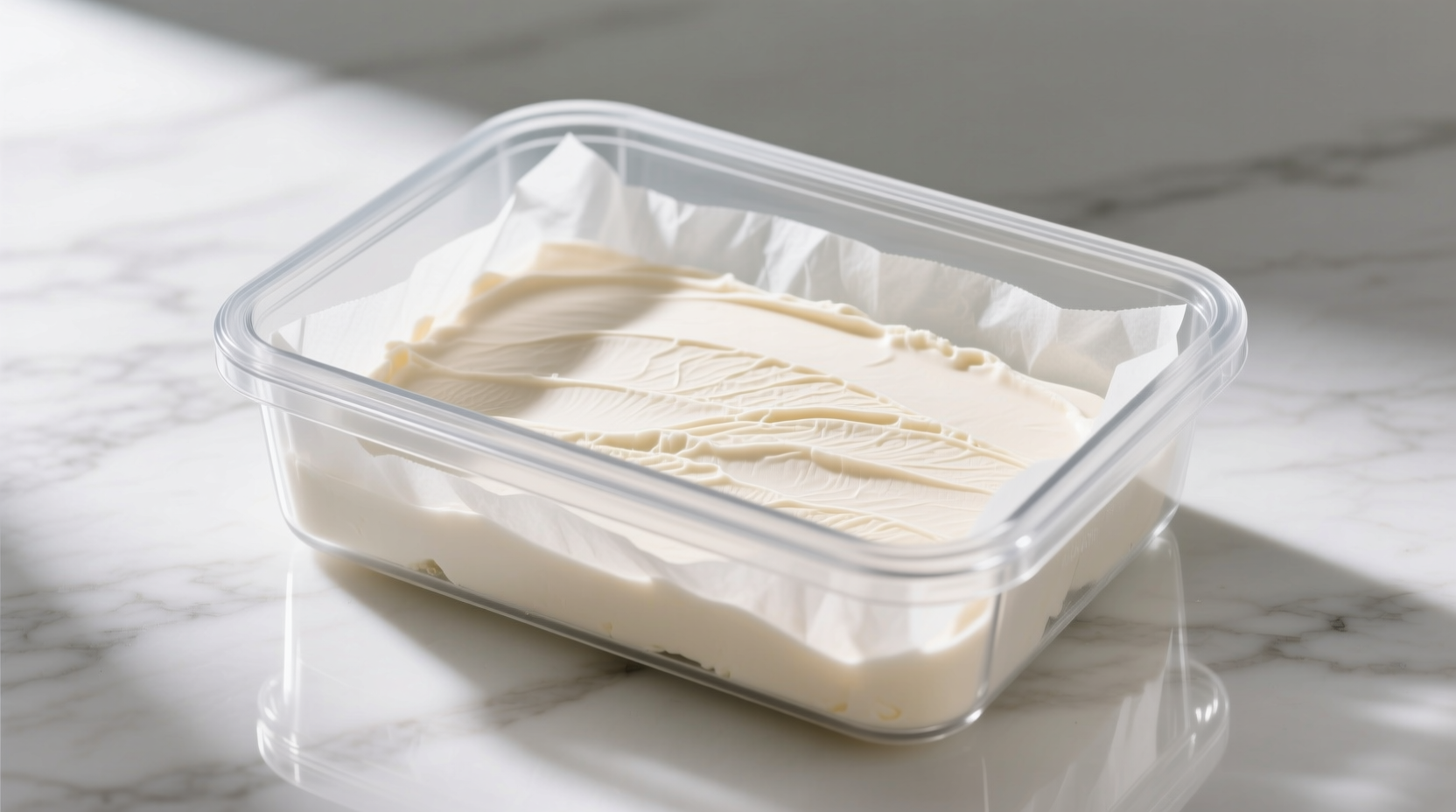 Ice cream storage container with parchment paper layer