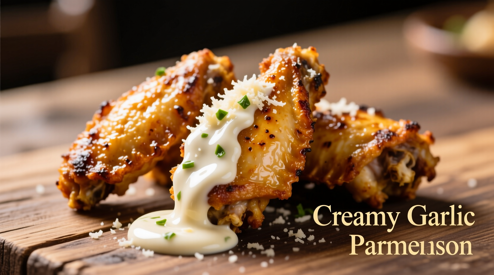 Creamy garlic parmesan sauce drizzled over golden chicken wings