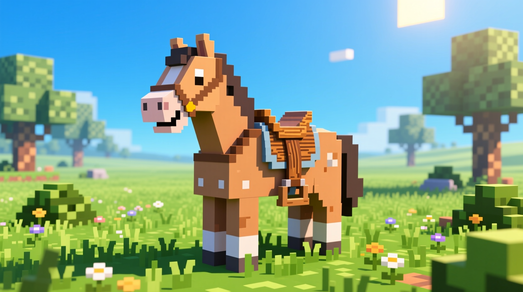 Minecraft horse wearing saddle in grassy biome