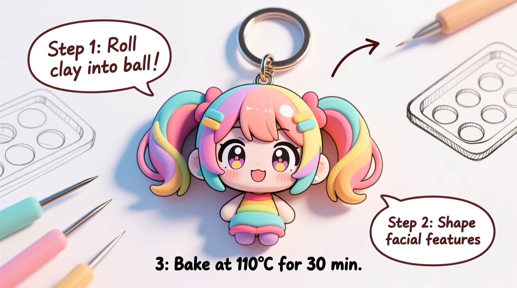 Hand-drawn anime keychain tutorial with polymer clay