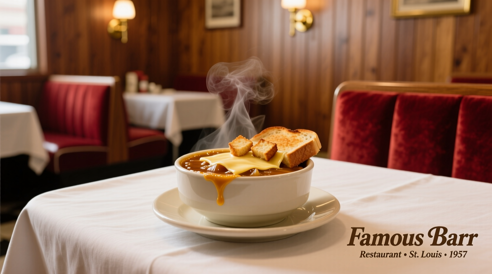 Vintage photo of Famous Barr restaurant French onion soup