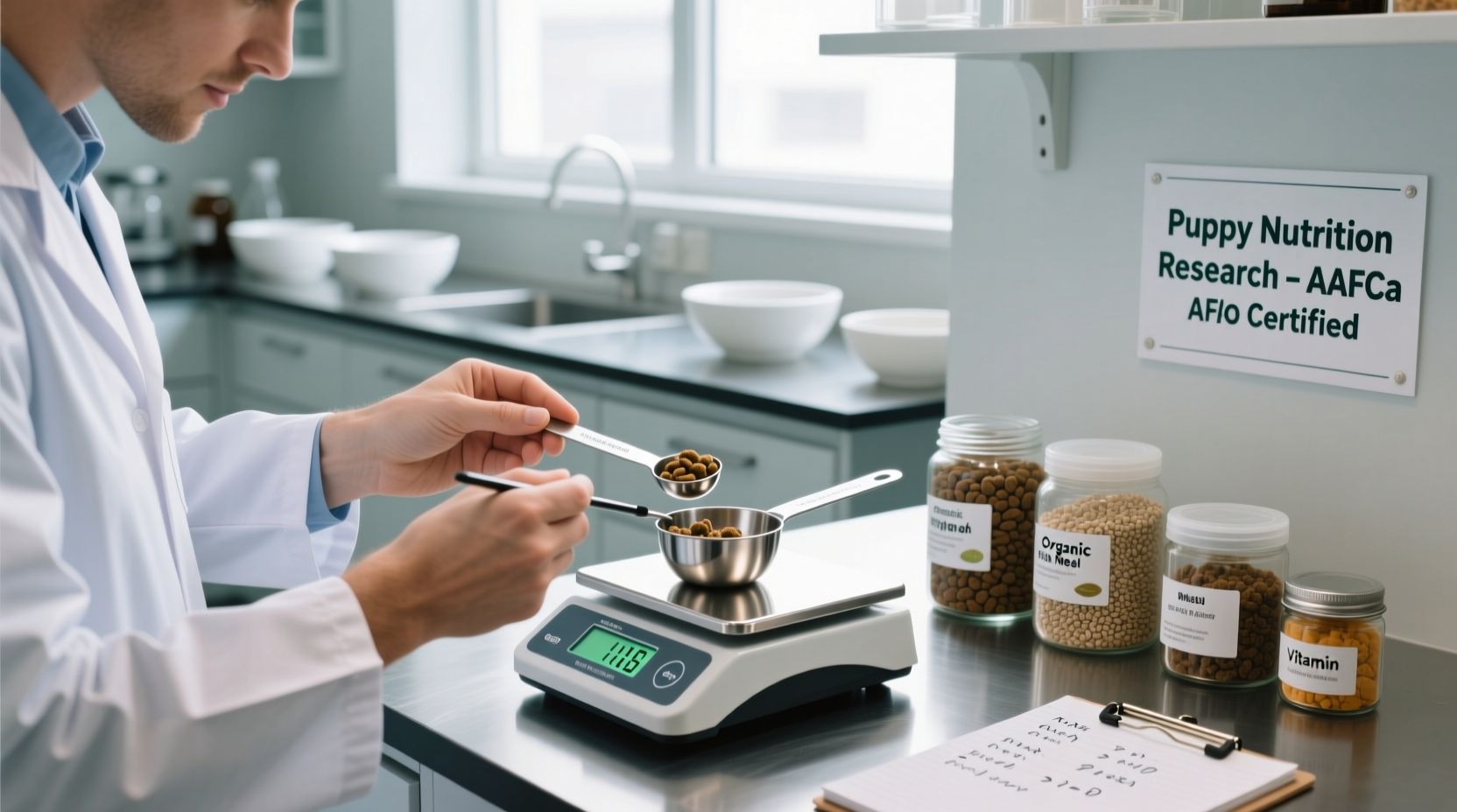 Veterinary nutritionist measuring ingredients for puppy food