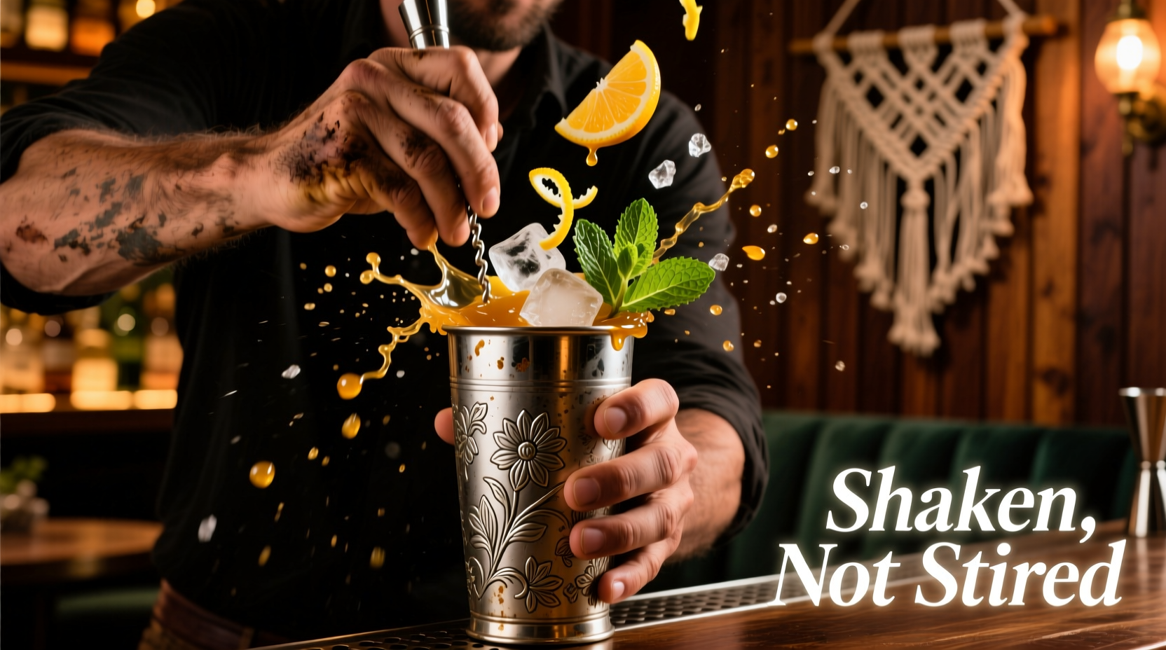 Hands shaking cocktail tin with fresh ingredients