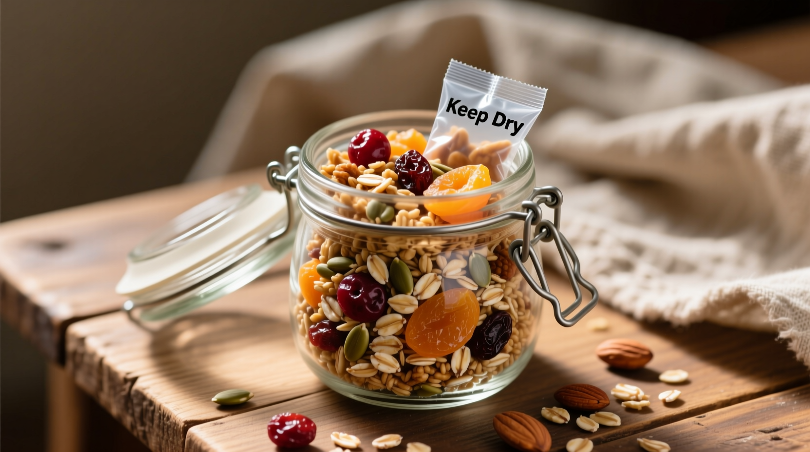 Homemade granola stored in mason jar with silica packet and dried fruit