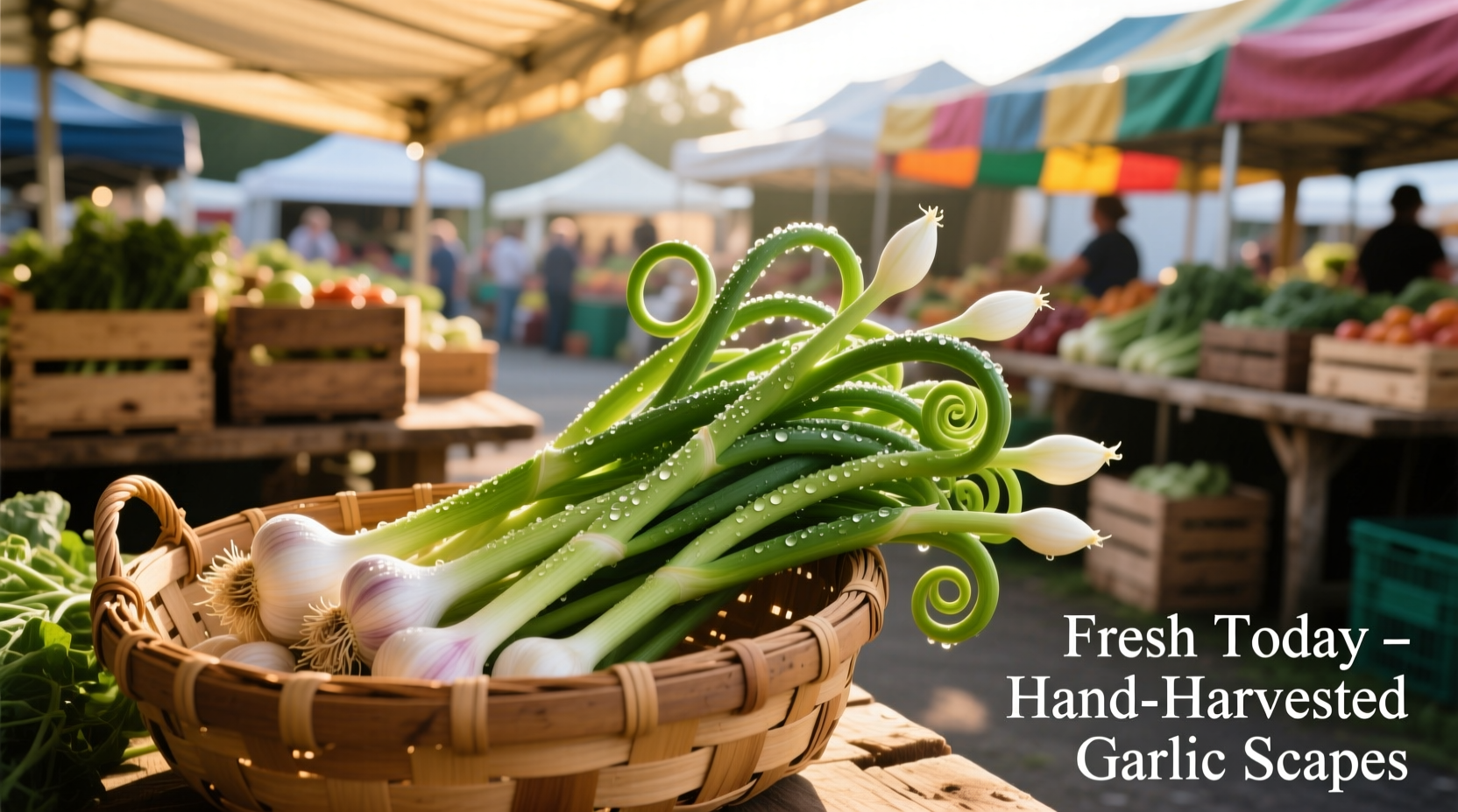 Freshly harvested garlic scapes in a farmers market