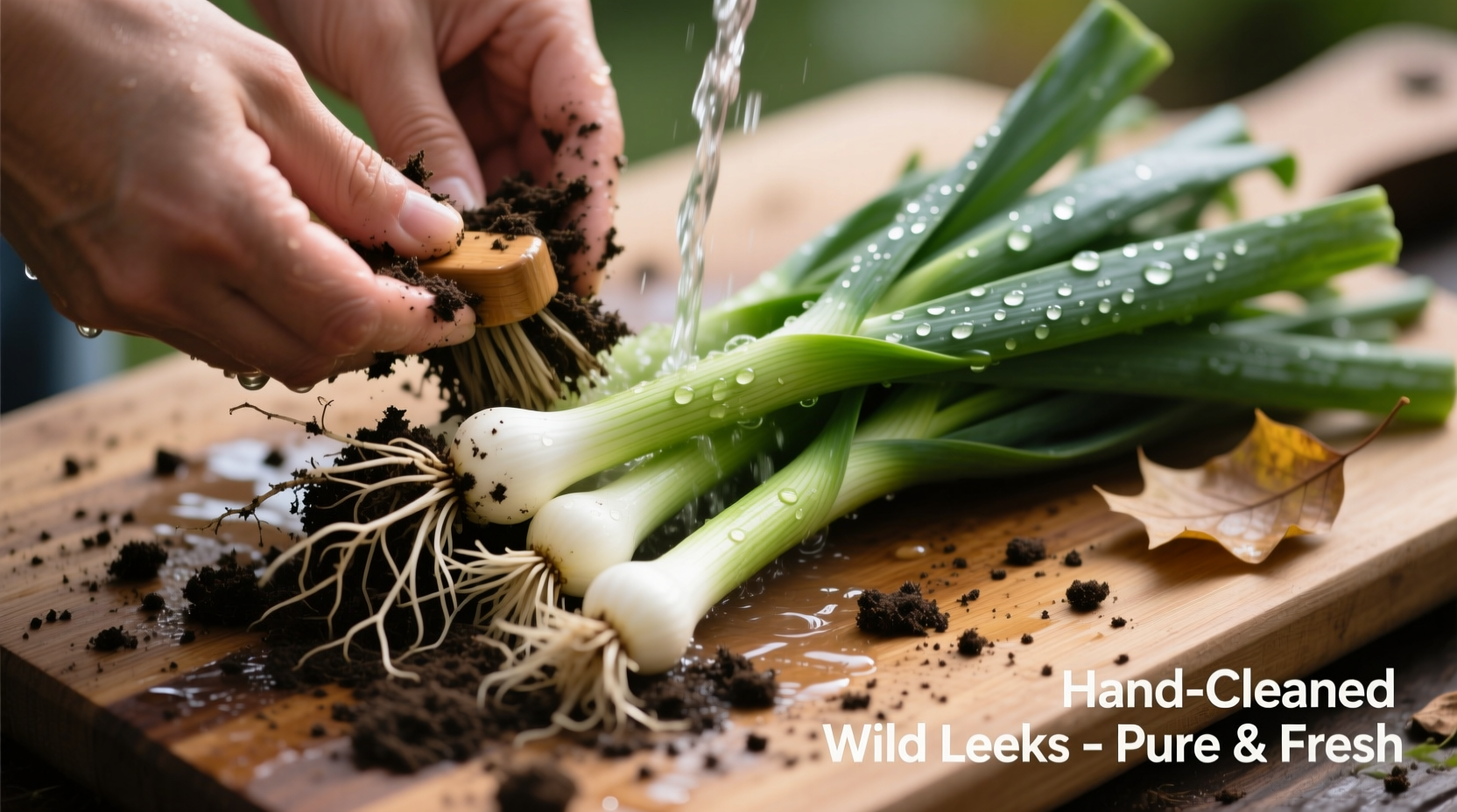 Fresh wild leeks with soil and cleaning process