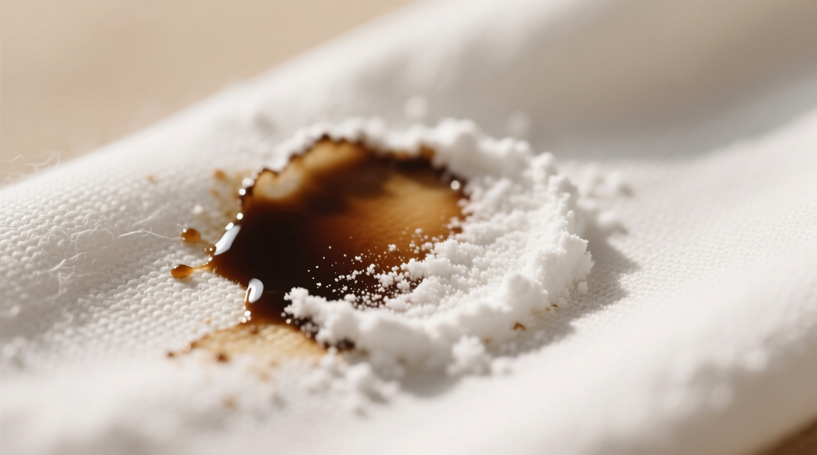 Baking soda paste applied to coffee stain on white fabric