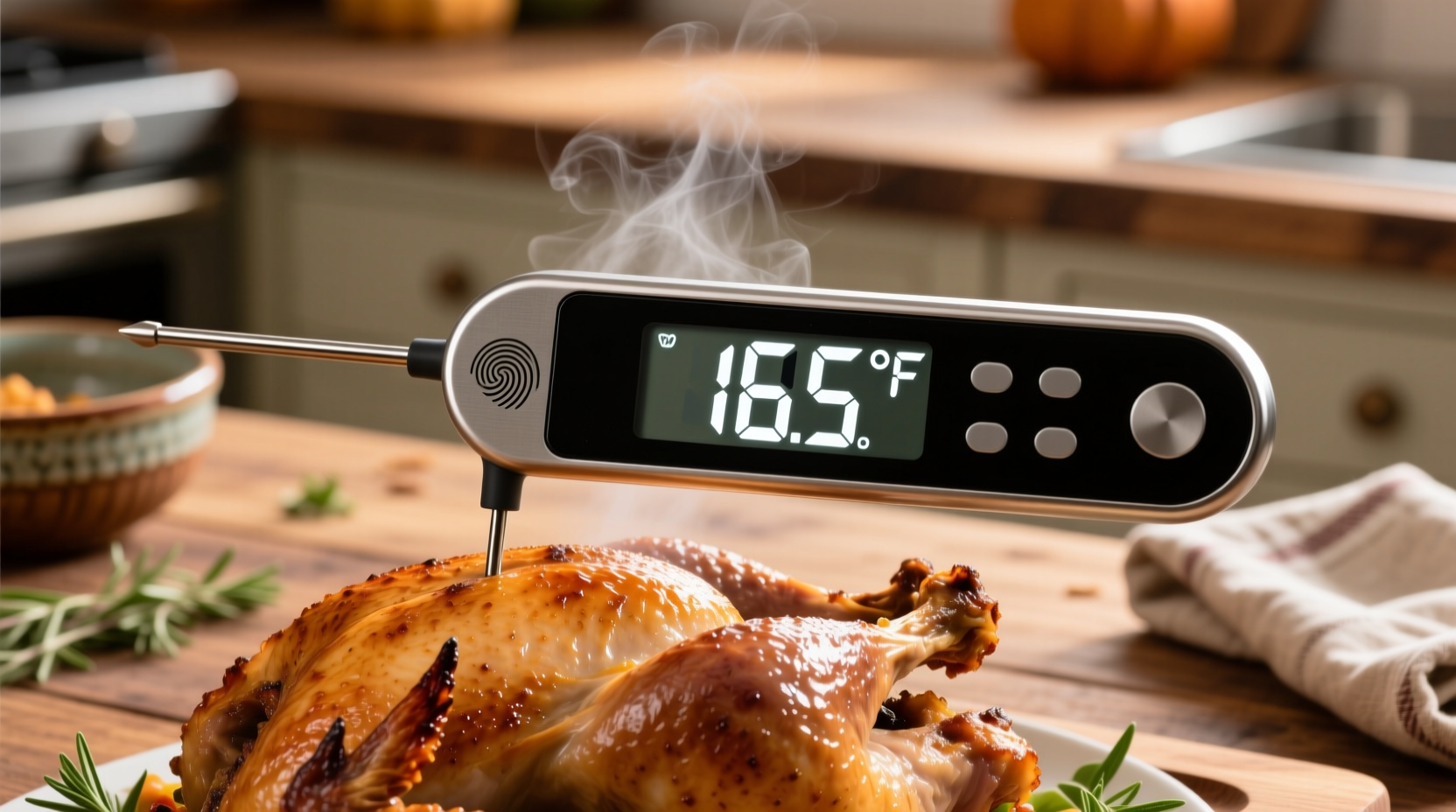 Turkey cooking thermometer showing 165 degrees