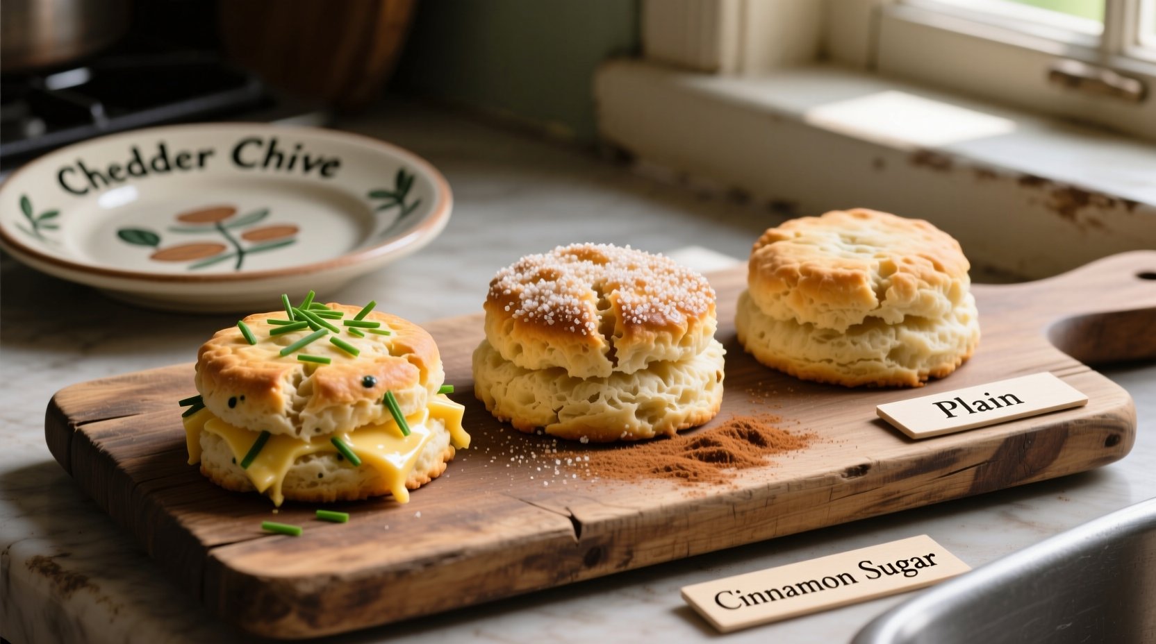 Three delicious biscuit variations: cheddar chive, cinnamon sugar, and classic plain