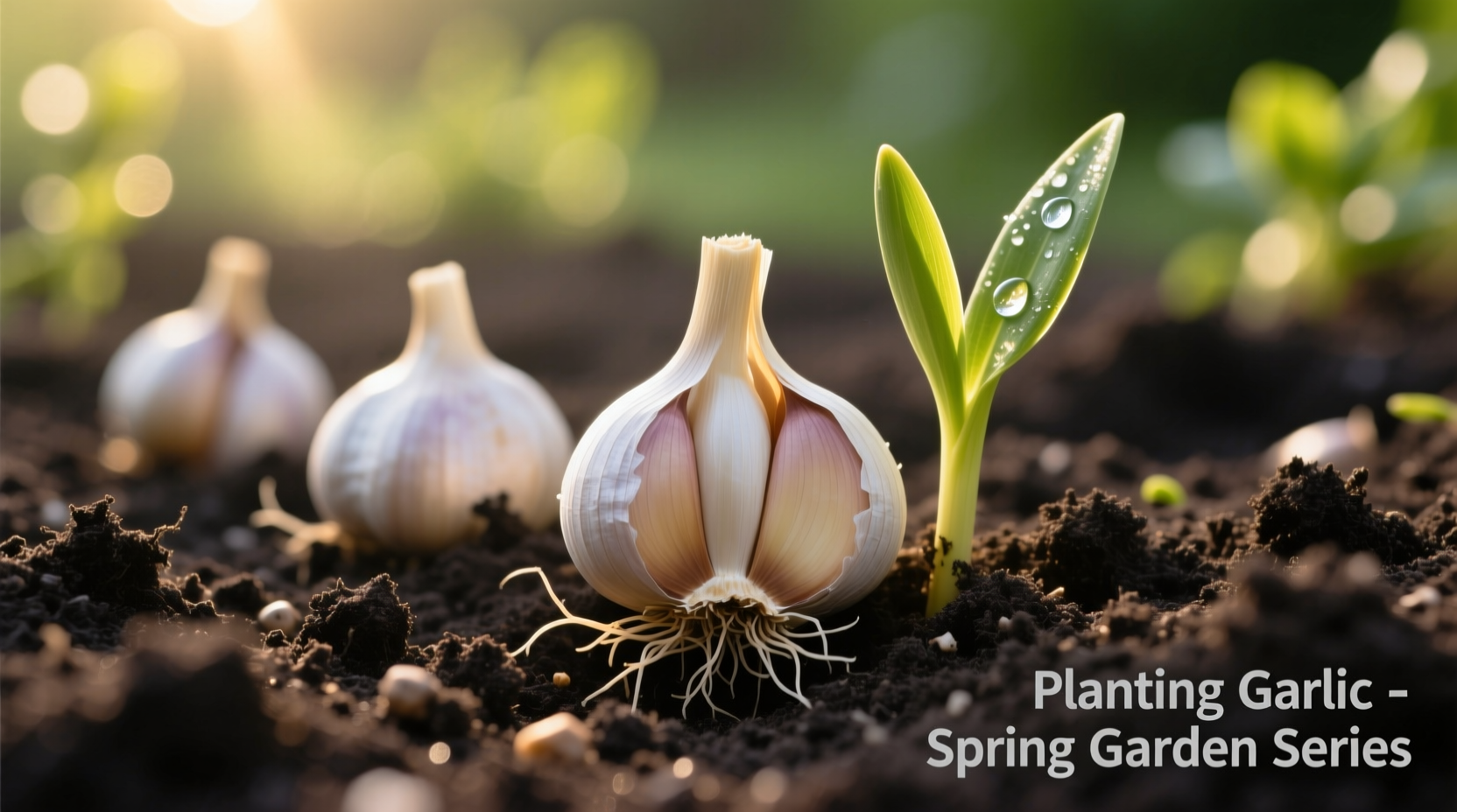 Garlic cloves planted in prepared garden soil