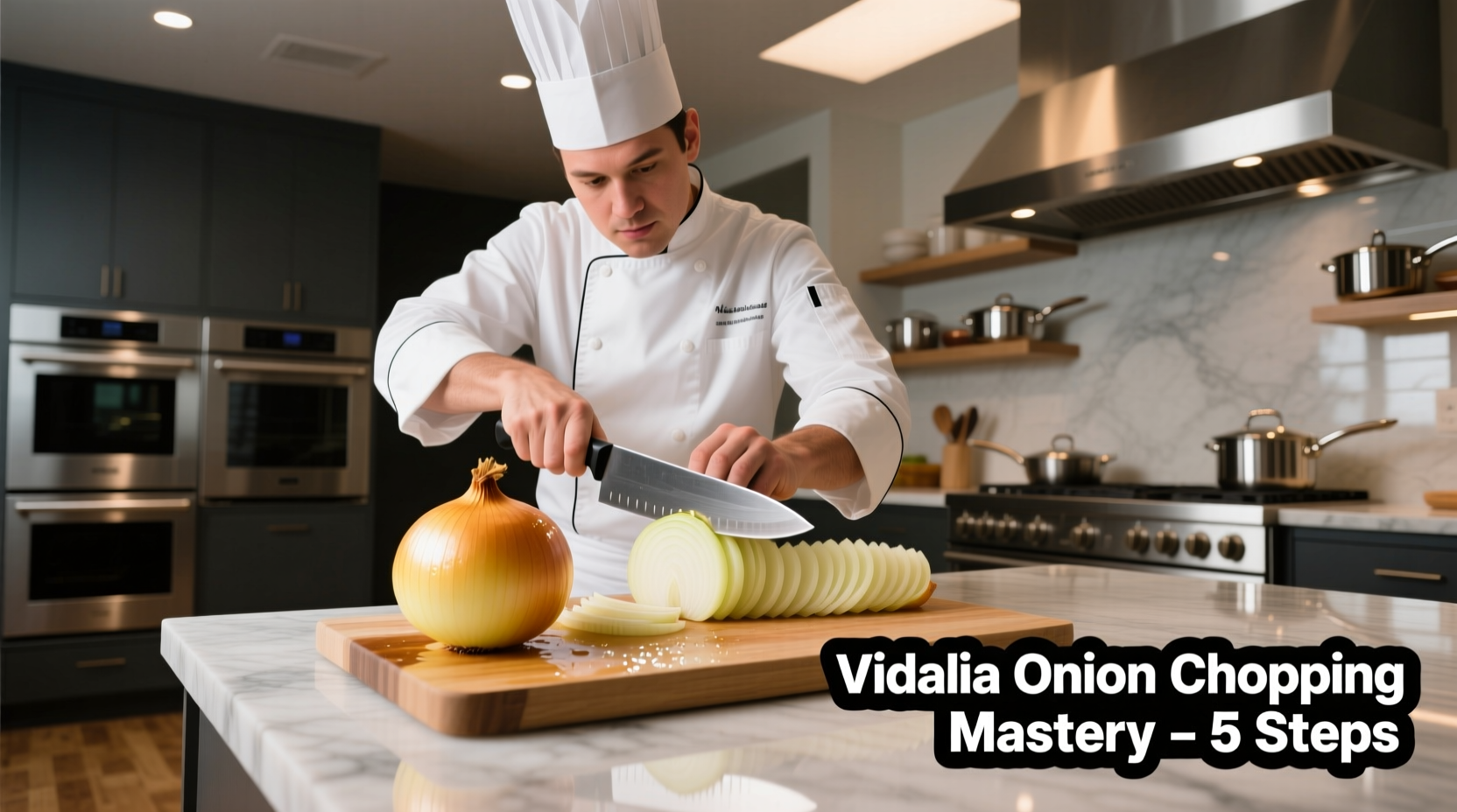 Professional chef demonstrating Vidalia onion chopping technique