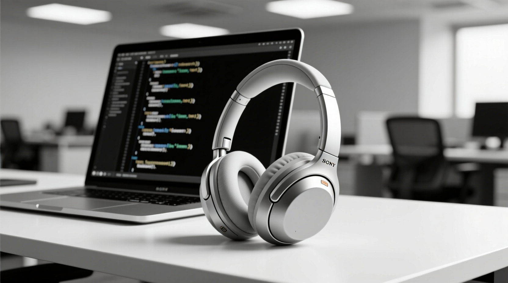 Holiday gift season showing noise-canceling headphones next to laptop distinguishing Sony XM5 from budget models reducing 90% of open-office distractions for engineers during coding sprints