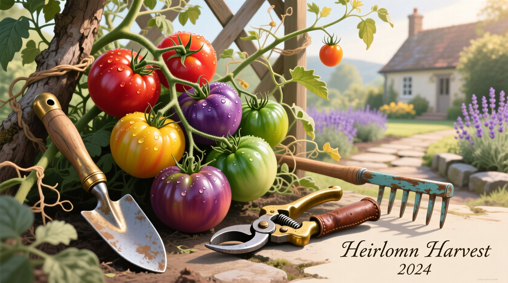Colorful heirloom tomatoes on vine with gardening tools