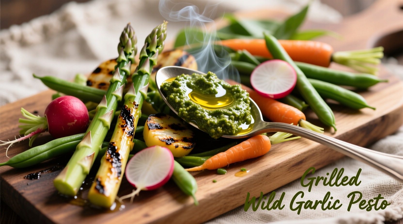 Grilled wild garlic pesto with fresh spring vegetables