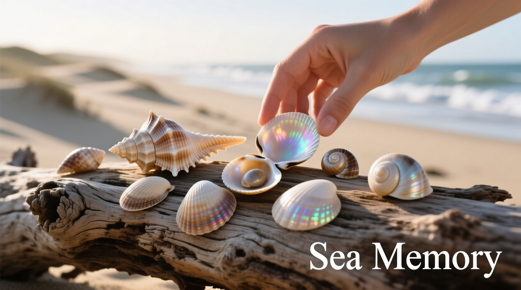 Hand arranging assorted seashells on driftwood