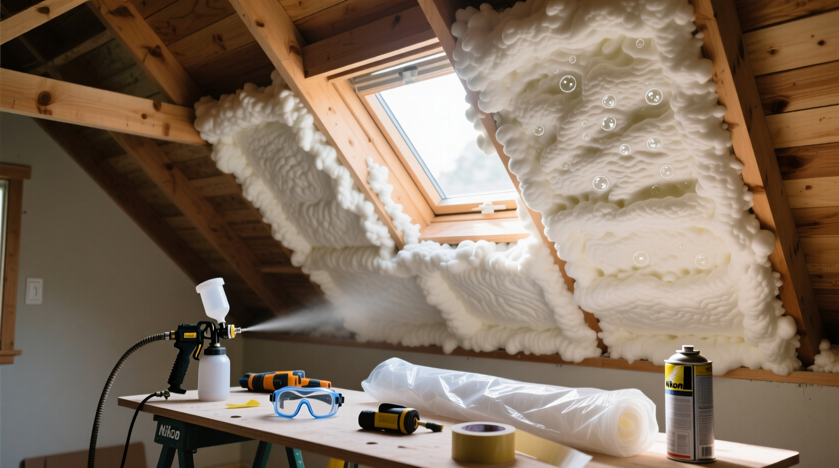 Completed DIY spray foam insulation in attic space