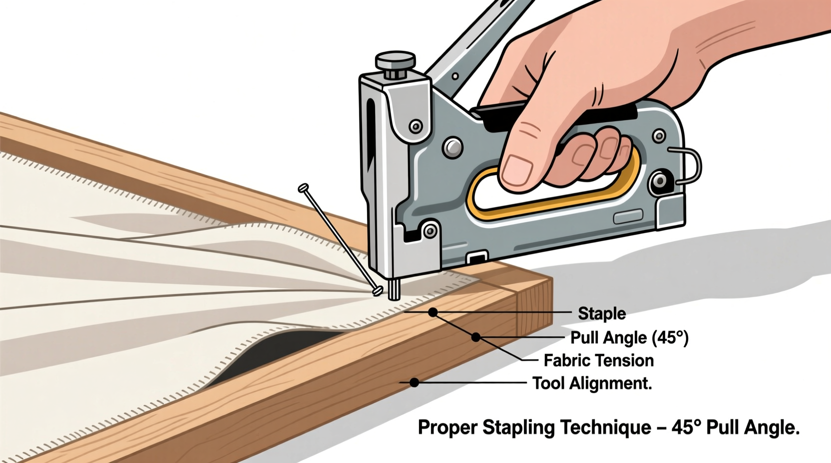 Proper fabric stapling technique showing 45 degree pull angle