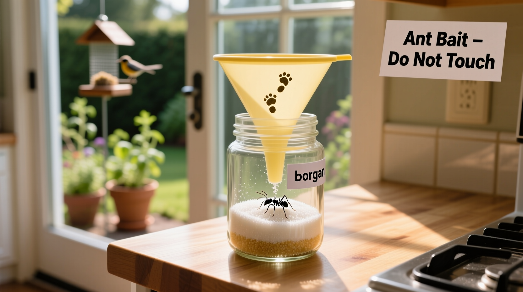 DIY ant trap using borax and sugar mixture in container