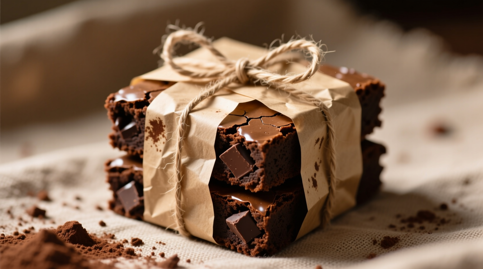 Brownie squares wrapped in parchment paper for storage