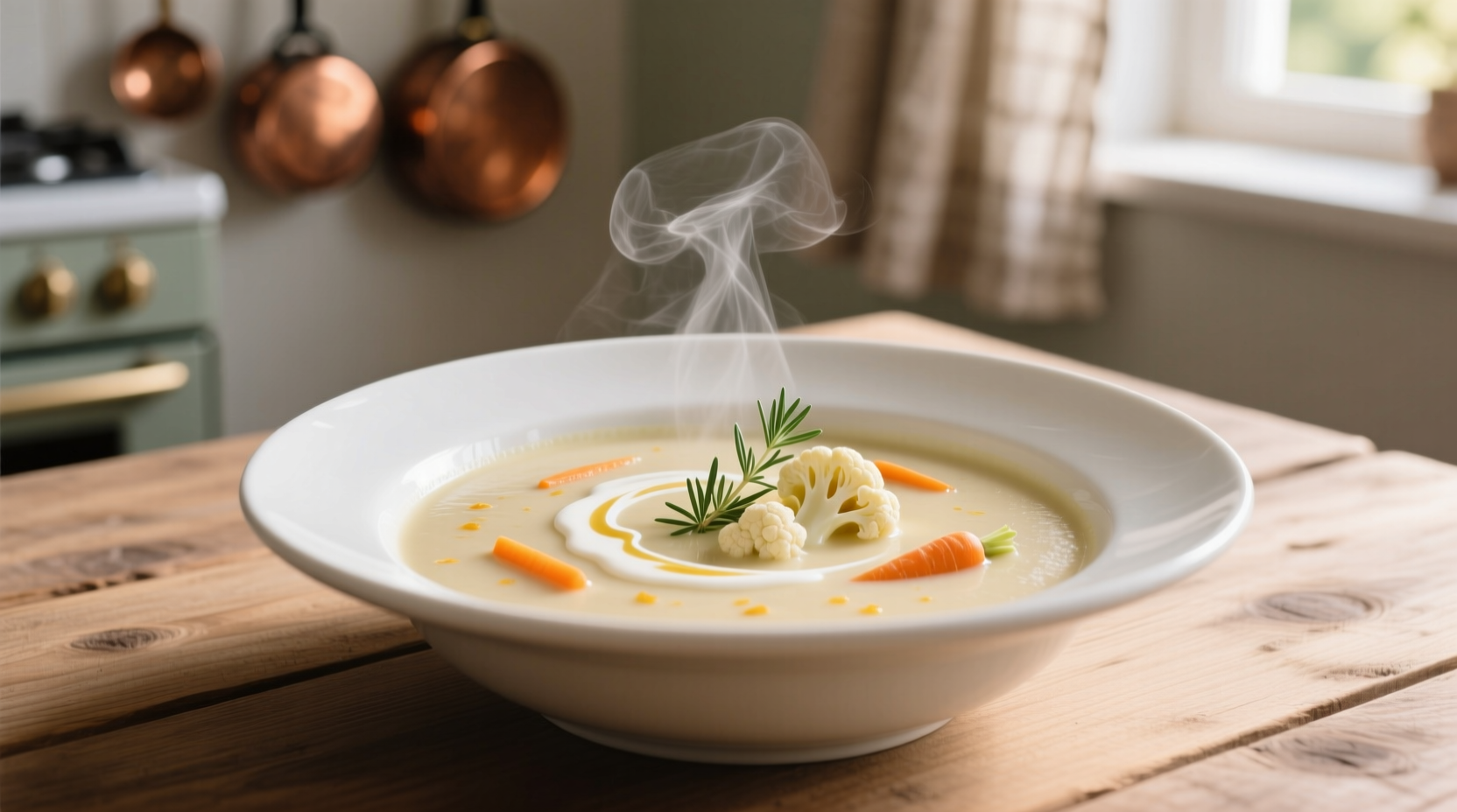 Creamy cauliflower carrot soup in white bowl