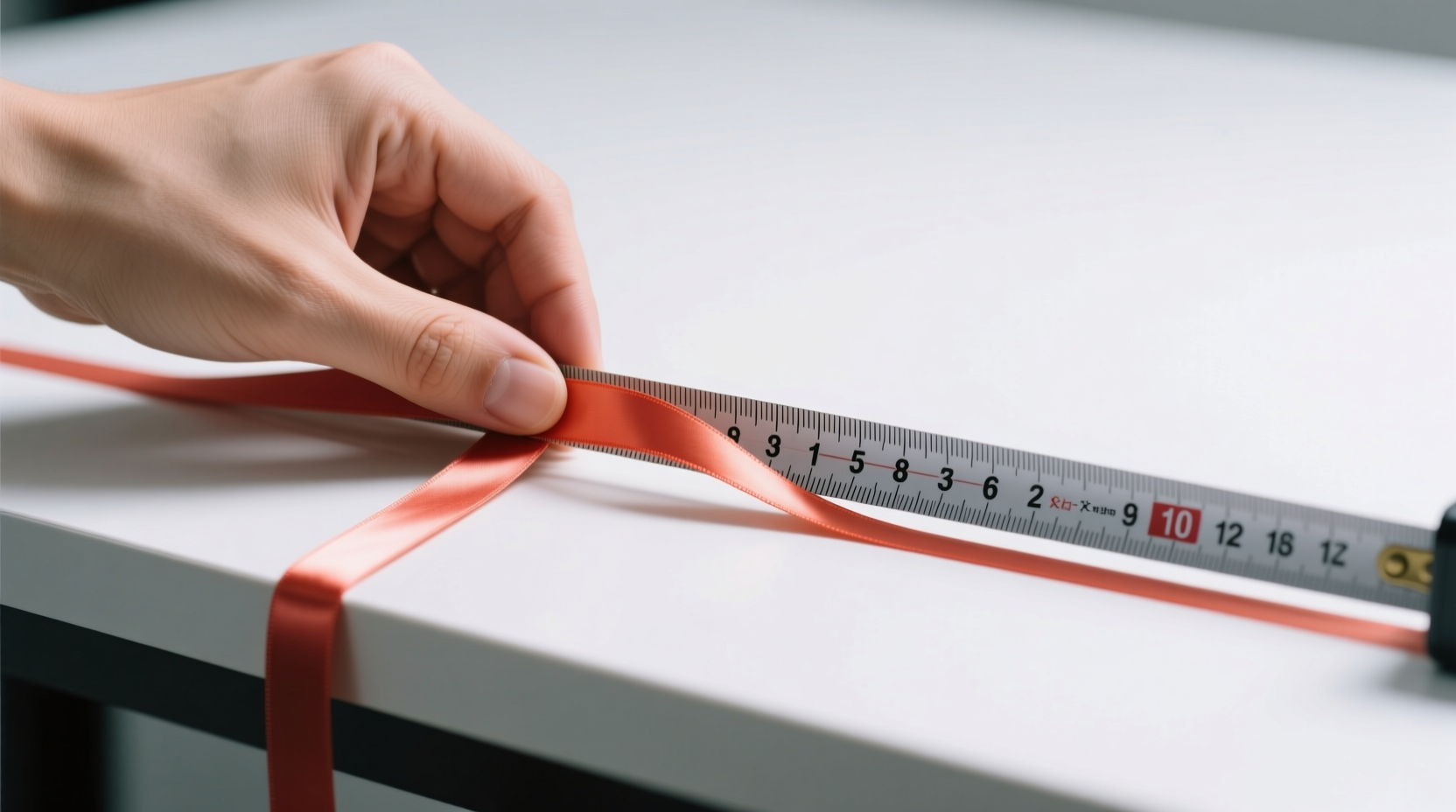Hand testing ribbon elasticity with measuring tape on worktable
