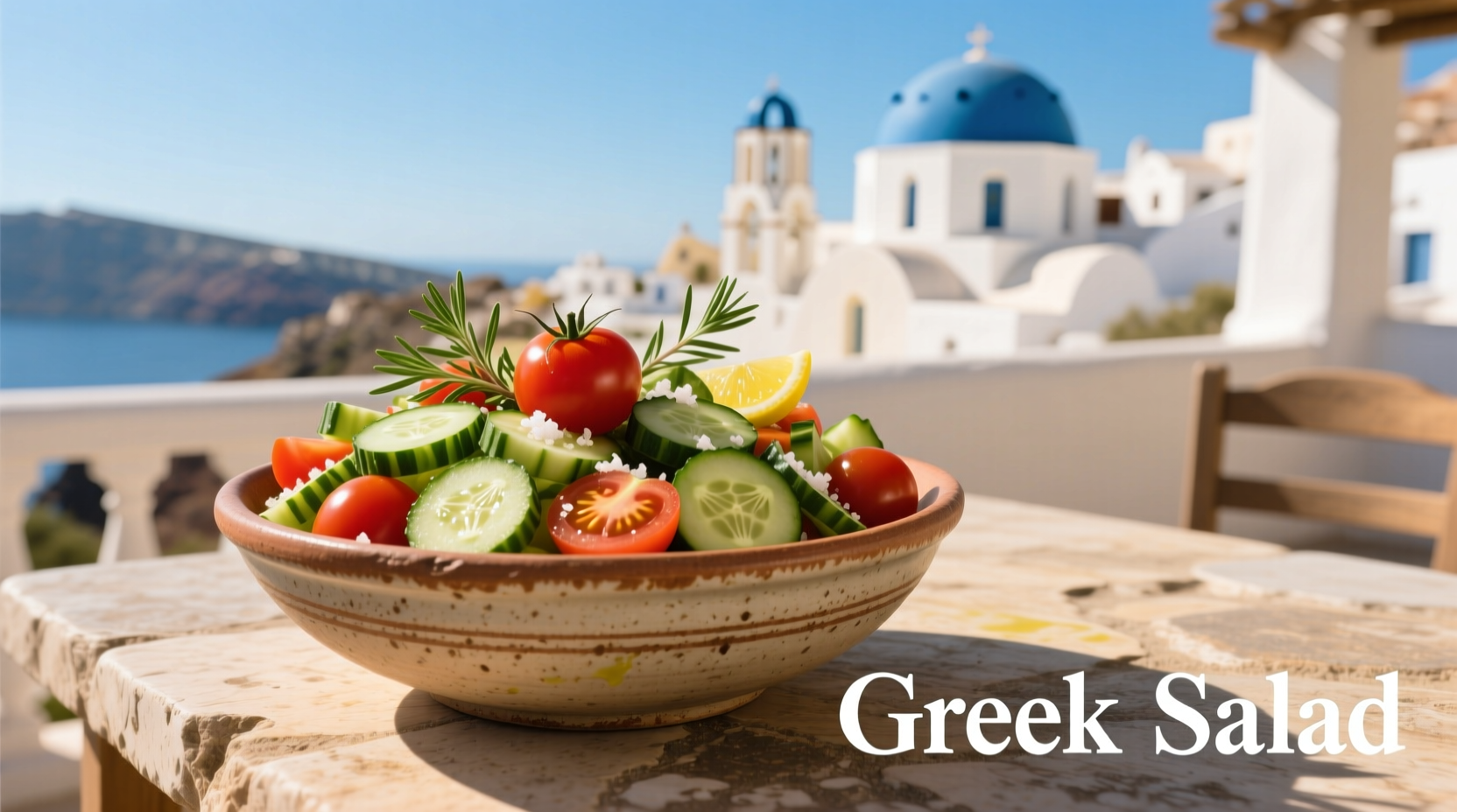 Fresh tomato cucumber Greek salad in traditional Greek pottery